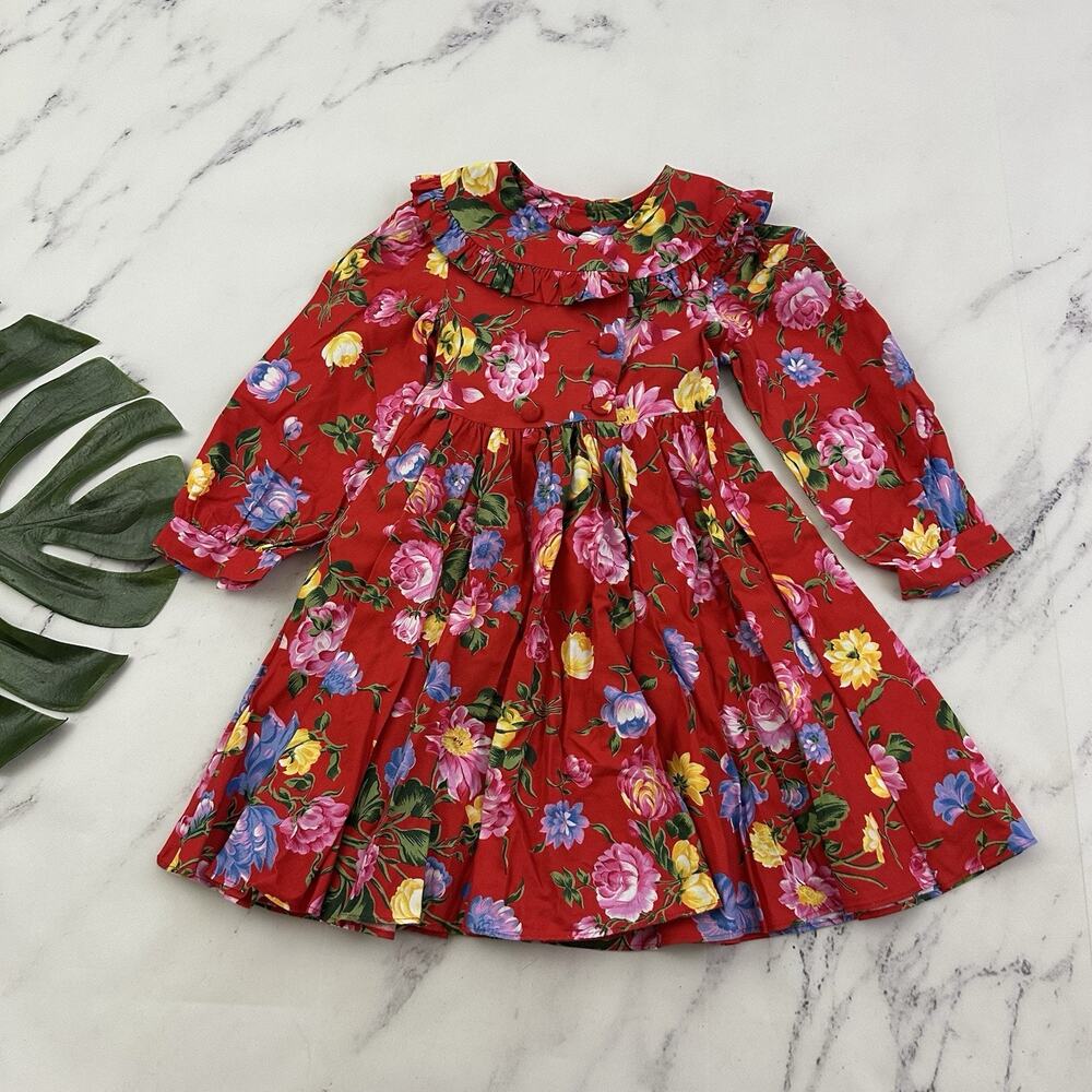 Plum Pudding Girls Vintage 90s Dress Size 4T Red Pink Floral Ruffles Cotton